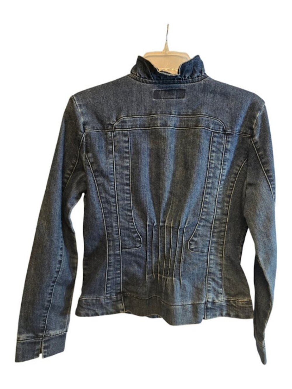 BLUE DENIM ZIP UP JACKET SIZE MEDIUM COTTON CHRISTIANA ZINN RUFFLES FLATTERING - Picture 6 of 8